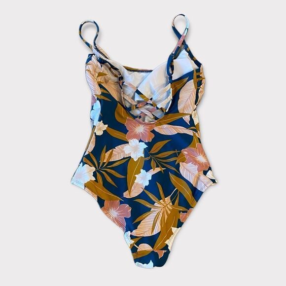 Floral Tropical One Piece Bathingsuit With Criss Cross Open Back - Picture 2 of 9